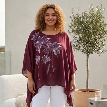 TUNICA ,blusa en gasa de seda, color granate dibujo de flores | 2522 | Artesania Textil