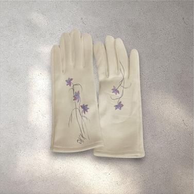 GUANTE crudo, con dibujo de flores malvas, interior térmico, táctil   | 2432 | Artesania Textil
