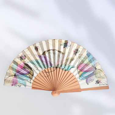 ABANICO  en seda y madera de peral, dibujo de flores multicolor. Talla clásico | 2148 | Artesania Textil