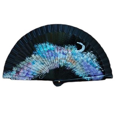 ABANICO de bolsillo, color negro, dibujo de noche con luna, madera de arce lacada, tamaño pequeño | 2166 | Artesania Textil