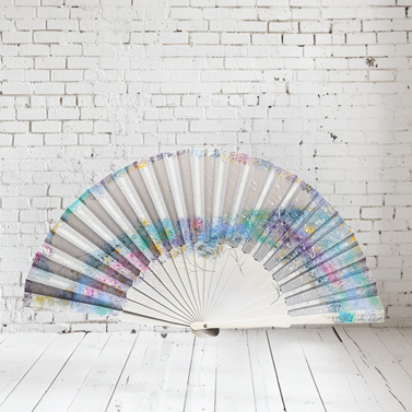ABANICO pericón, color blanco, dibujo de mancha impresionista multicolor, en madera lacada , tamaño muy grande | 2403 | Artesania Textil