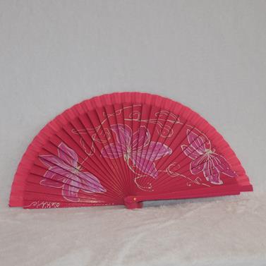 ABANICO clásico, color rosa, dibujo de flor rosa, madera de arce lacado, tamaño medio | AC/01472 | Artesania Textil